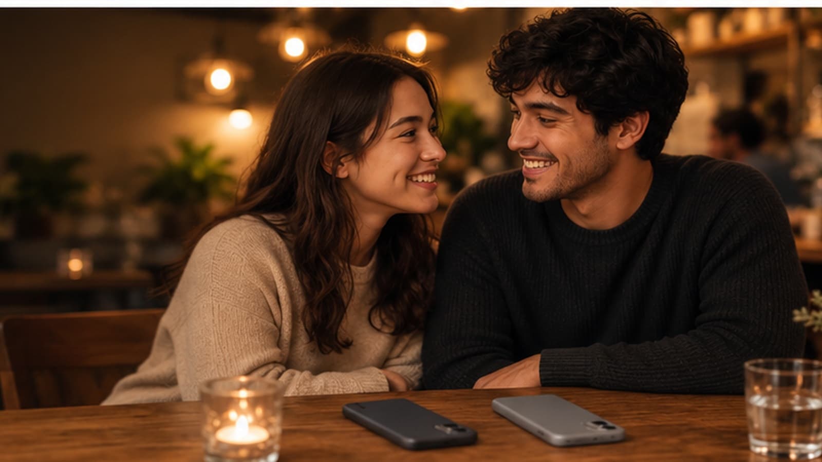 A couple at a cafe table, phones face down