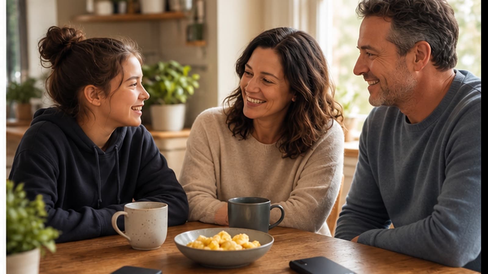 A family at the kitchen table, phones down