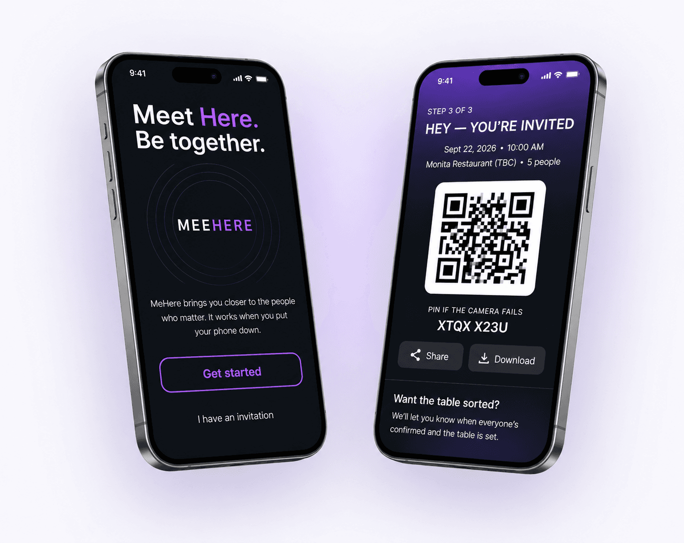 MeeHere app: welcome screen and invitation screen with QR code